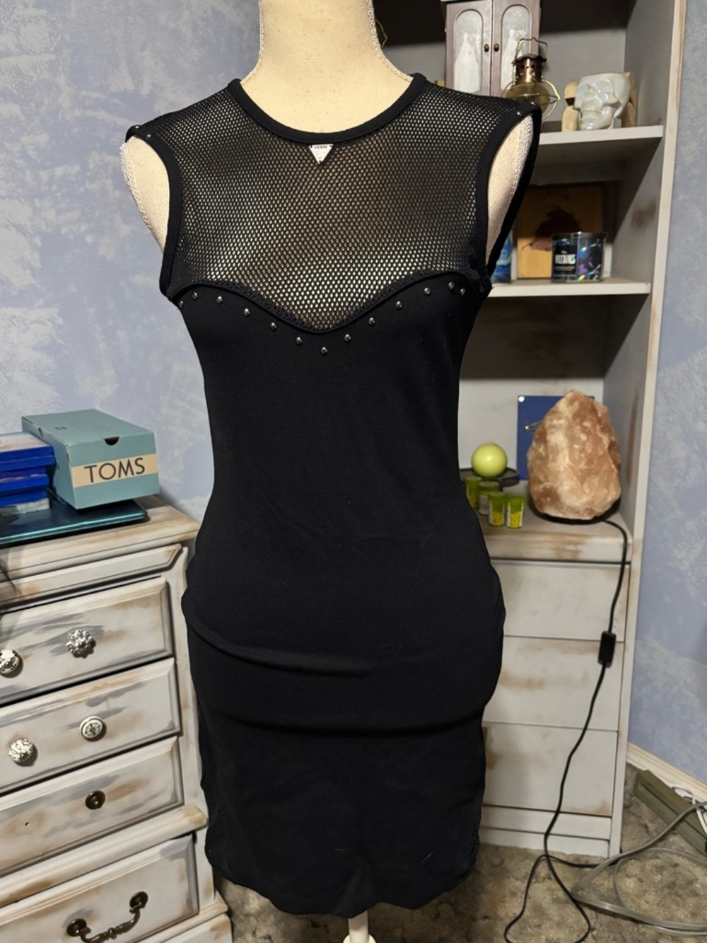 Guess Black Mesh Studded Bodycon Dress XS Sleeveless Sheer Panel - Picture 3 of 12